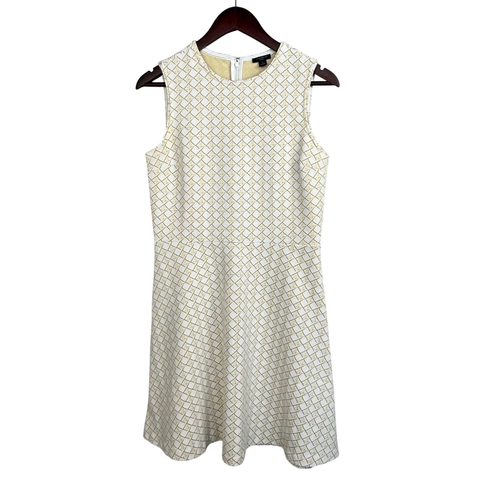 Ann Taylor Dress Women 8P Cream Cotton‎ Geometric Jacquard Sleeveless Fit Flare